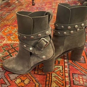 Chloe suede boots with studded wrap strap closure & chunky wooded heel. LIKE NEW